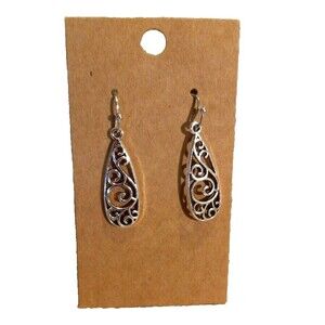 Silver Tone Metal Earrings Swirls Tear Drop Dangle